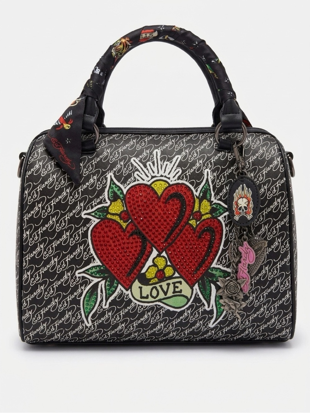Ed Hardy Black Crossbody Satchel with Red Heart Studs and Green Leaf Accents